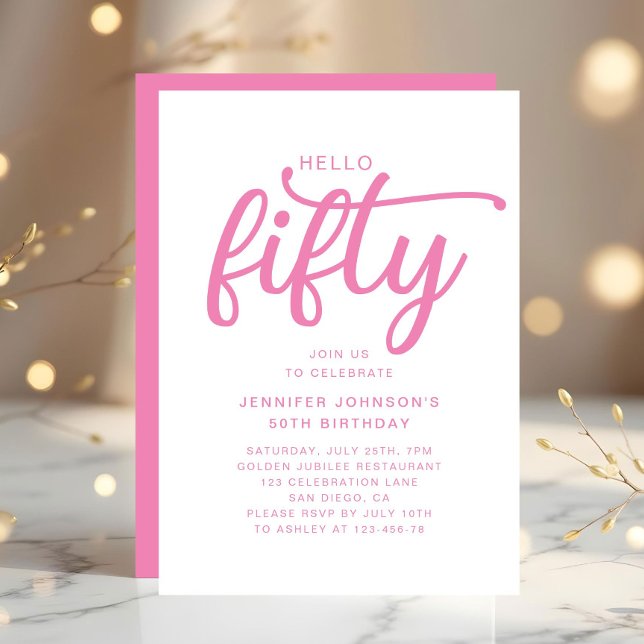 Invitación Cumpleaños moderno rosa 50 (Modern Pink 50th Birthday Invitation)