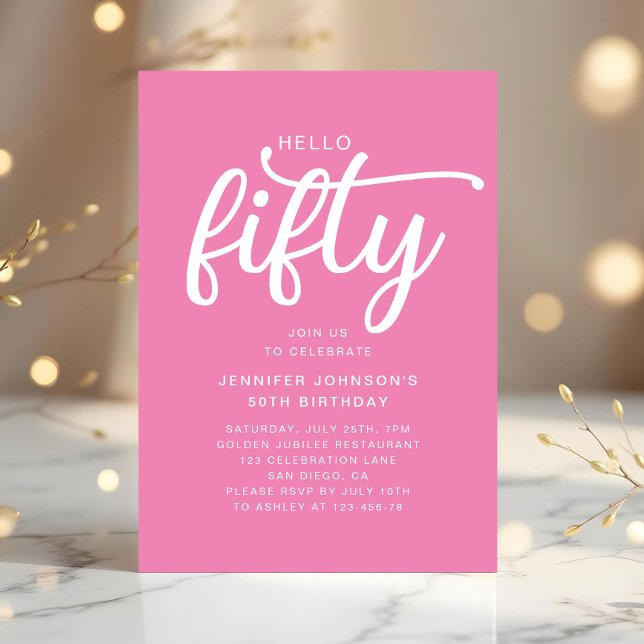 Invitación Cumpleaños moderno rosa Hello 50 (Modern Pink Hello 50th Birthday Invitation)