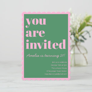 Invitación Cumpleaños moderno rosa verde con borde escalopado