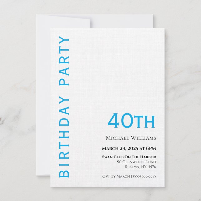 Invitación Cumpleaños Moderno Simple Blanco y Azul (Anverso)