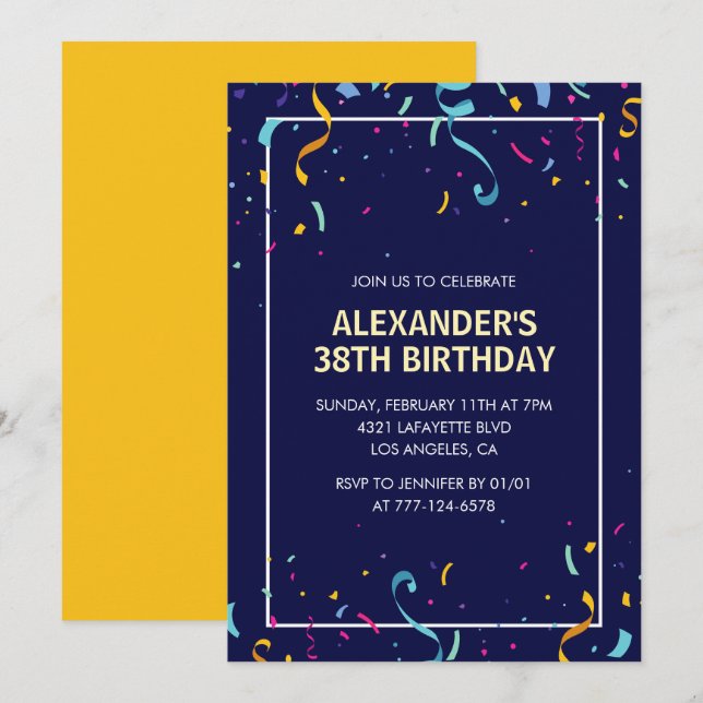 Invitación Cumpleaños moderno simple para hombres con confeti (Anverso / Reverso)