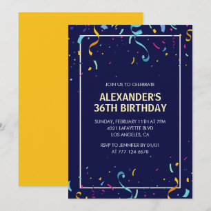 Invitación Cumpleaños moderno simple para hombres con confeti