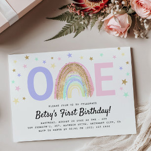 Invitación Cumpleaños moderno 'UNO' de arcoíris y estrellas