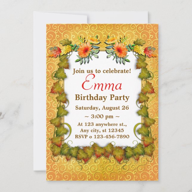 Invitación Cumpleaños moderno y lindo de otoño (Anverso)