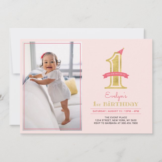 Invitación Cumpleaños modernos de niña | Rosa y dorado (Anverso)