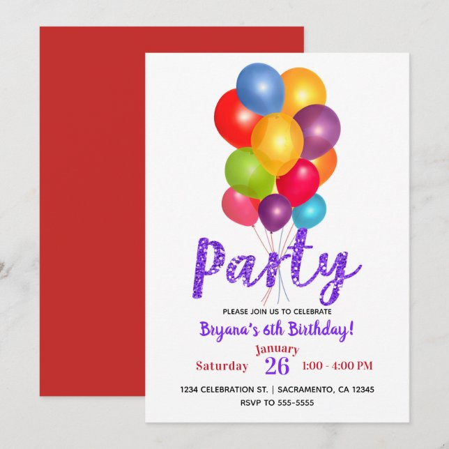Invitación Cumpleaños Montón de Globos Fiesta Purpurina (Anverso / Reverso)