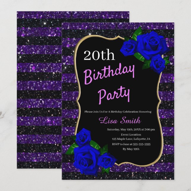 Invitación Cumpleaños Morado Black Stripe Purpurina Deep Blue (Anverso / Reverso)