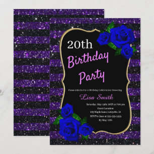 Invitación Cumpleaños Morado Black Stripe Purpurina Deep Blue