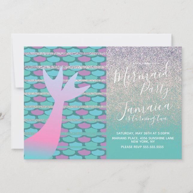 Invitación Cumpleaños Morado Brillo de Sirena Falso (Anverso)