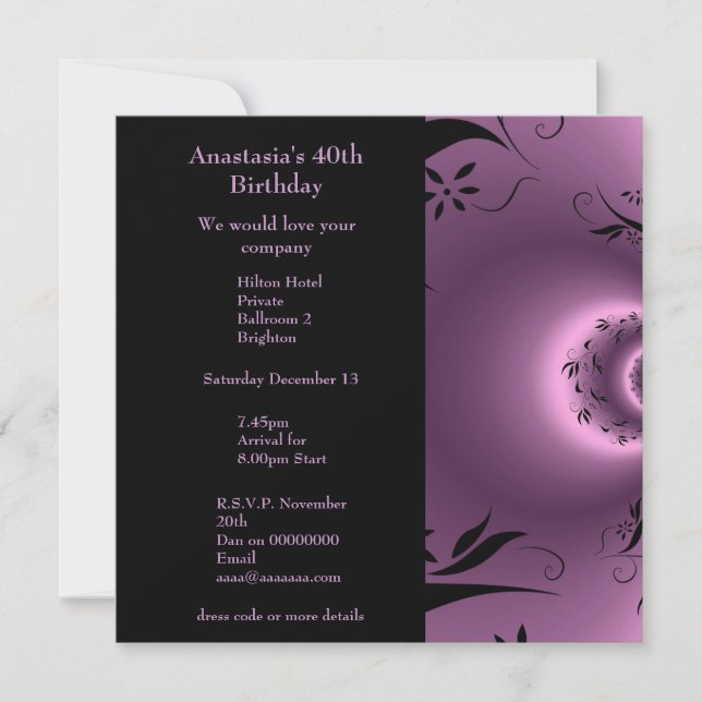 Invitación Cumpleaños Morado con Floral Polar Negr (Anverso)