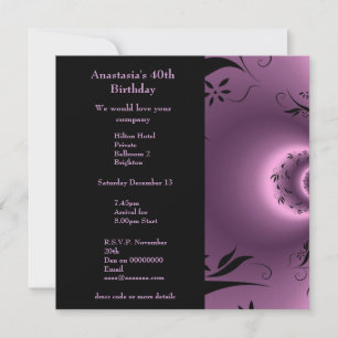 Invitación Cumpleaños Morado con Floral Polar Negr