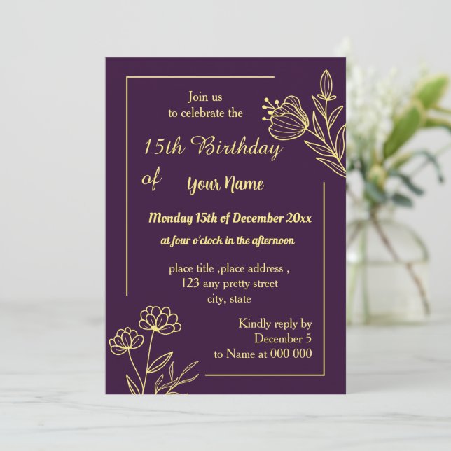 Invitación cumpleaños morado de flor de oro simple (Anverso de pie)