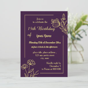 Invitación cumpleaños morado de flor de oro simple