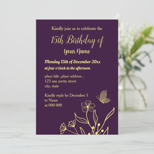 Invitación cumpleaños morado de flor de oro simple (Anverso de pie)