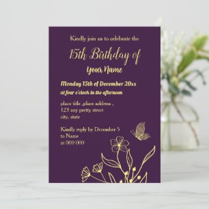 Invitación cumpleaños morado de flor de oro simple