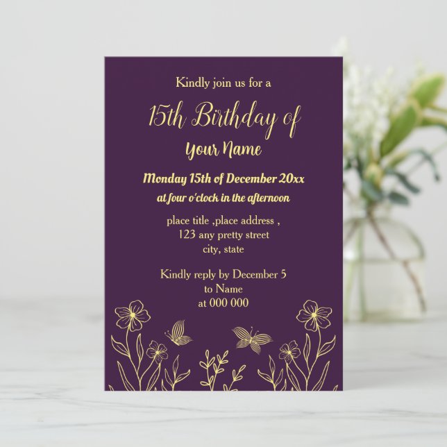 Invitación cumpleaños morado de flor de oro simple (Anverso de pie)