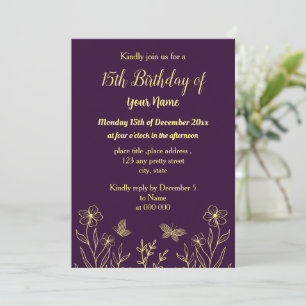 Invitación cumpleaños morado de flor de oro simple
