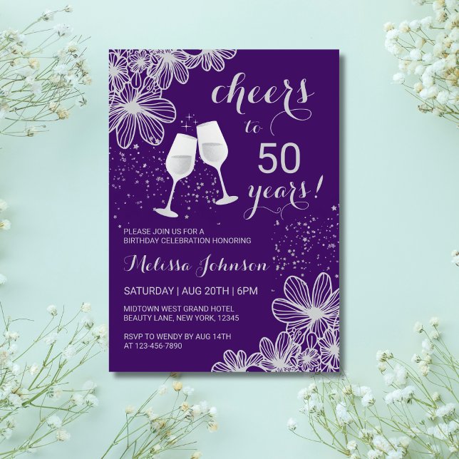 Invitación Cumpleaños Morado Floral de Vino de Plata (Subido por el creador)
