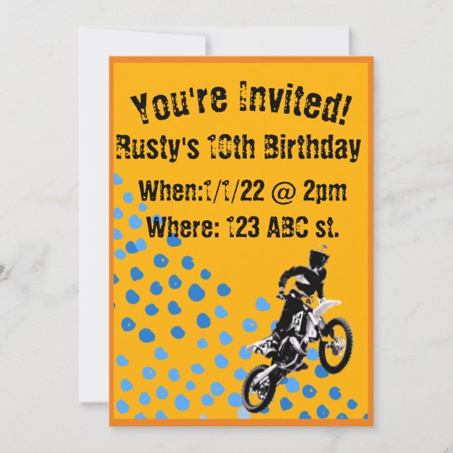 Invitación cumpleaños motocross azul y naranja (Anverso)