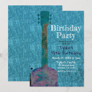Invitación Cumpleaños Musical de Guitarra de Acuarela Azul