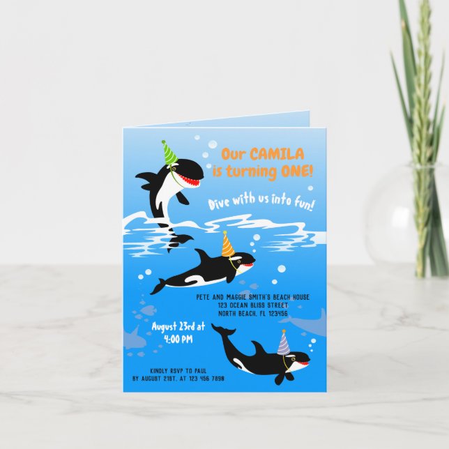 Invitación cumpleaños nº1 bajo el mar orca ballena bebé niña (Anverso)