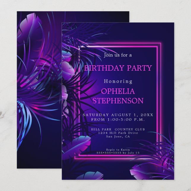 Invitación Cumpleaños | Nacimiento de neón tropical audaz (Anverso / Reverso)