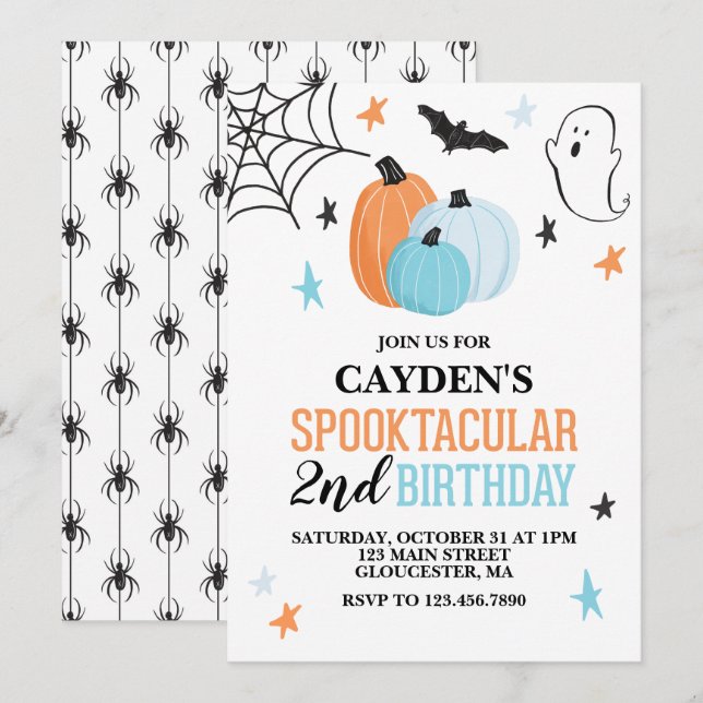 Invitación Cumpleaños naranja turquesa Spooktacular de Hallow (Anverso / Reverso)
