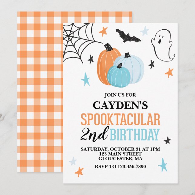Invitación Cumpleaños naranja turquesa Spooktacular de Hallow (Anverso / Reverso)