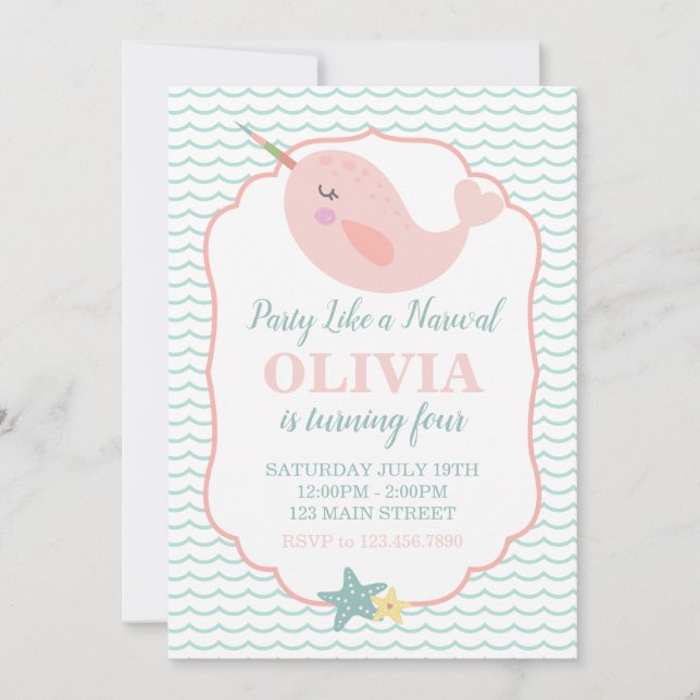 Invitación Cumpleaños Narwal Rosa Pastel (Anverso)