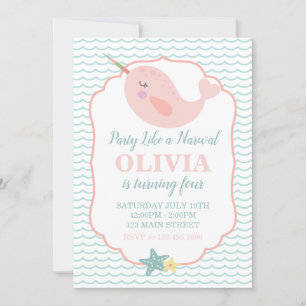 Invitación Cumpleaños Narwal Rosa Pastel