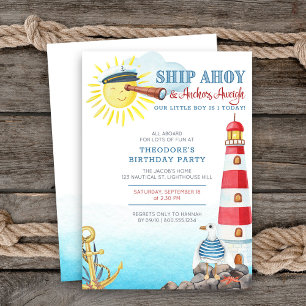 Invitación Cumpleaños Náutico Barco Ahoy Anclas Aweigh Niño
