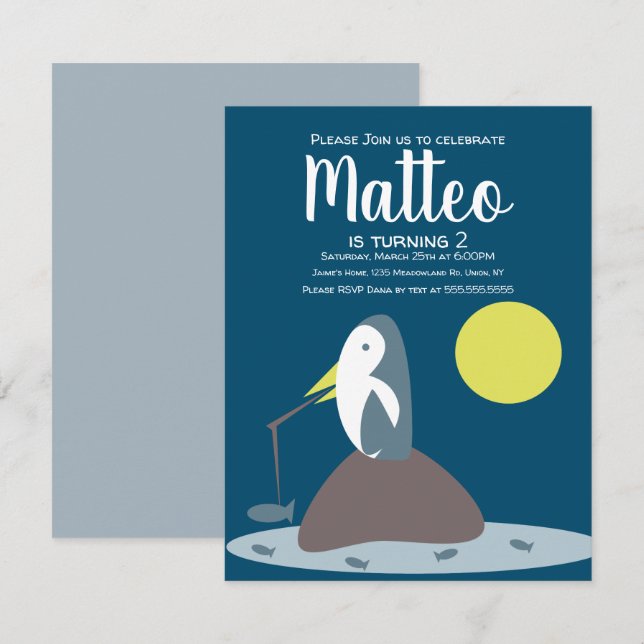 Invitación Cumpleaños Náutico de Pesca de Pingüino Moderno (Anverso / Reverso)