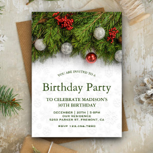 Invitación Cumpleaños Navideño Festivo de Bayas y Pino de Nav