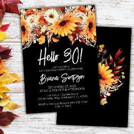 Invitación Cumpleaños negro 30 con flores de otoño y mariposa