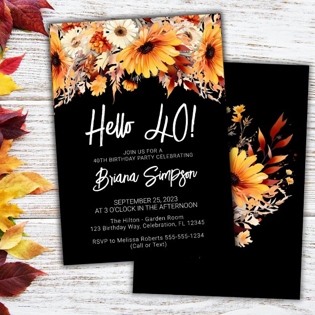 Invitación Cumpleaños negro 40 floral de otoño (Subido por el creador)