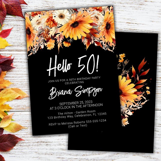 Invitación Cumpleaños negro 50 floral de otoño (Subido por el creador)