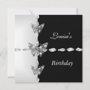 Invitación Cumpleaños Negro Blanco Perla Plateada Mariposa Fi