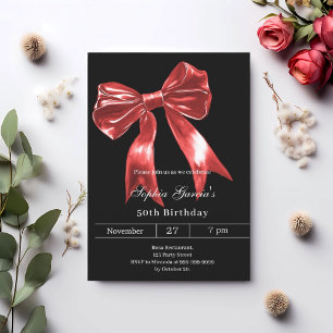 Invitación cumpleaños negro con arco rojo