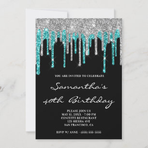 Invitación Cumpleaños negro con destellos de plata brillante
