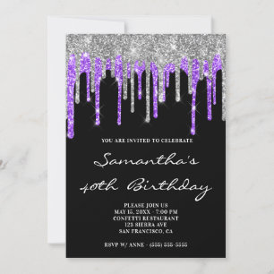 Invitación Cumpleaños negro con destellos de violeta azul pla