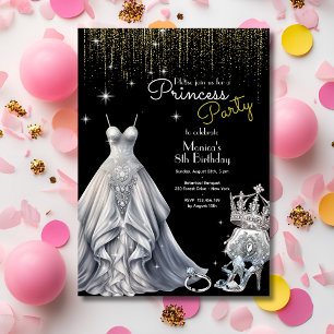 Invitación Cumpleaños negro de la princesa real Silver