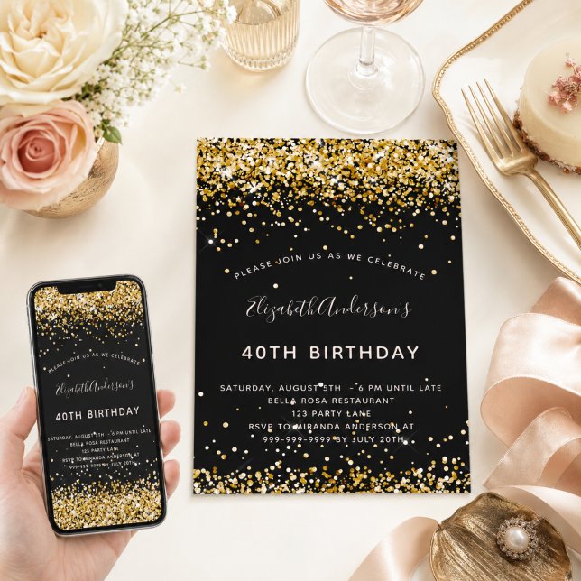 Invitación Cumpleaños negro dorado brillo glamuroso (Subido por el creador)