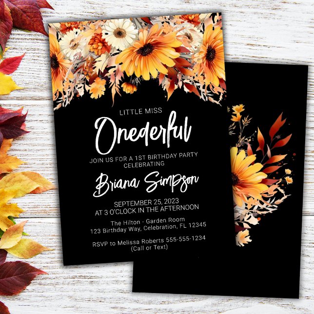Invitación Cumpleaños negro floral de otoño 1er (Subido por el creador)
