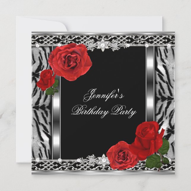Invitación Cumpleaños Negro Leopardo Rosa Roja Flores Cualqui (Anverso)