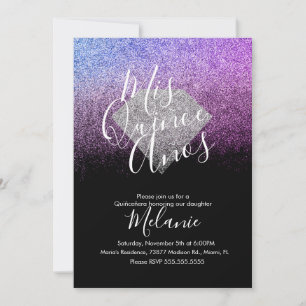 Invitación Cumpleaños negro morado de quince diamantes de pur