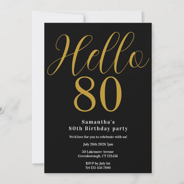 Invitación Cumpleaños Negro Oro Chic 80 Aniversario (Anverso)