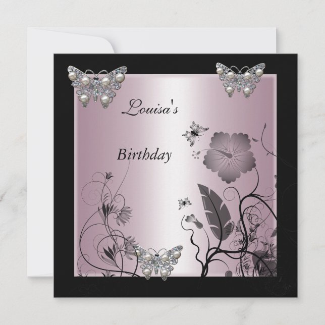 Invitación Cumpleaños Negro Perla Plateada Mariposa Fiesta Ro (Anverso)