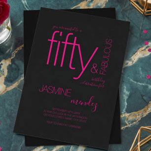 Invitación Cumpleaños Negro Rosa Fuchsia Elegante 50 y Fabulo
