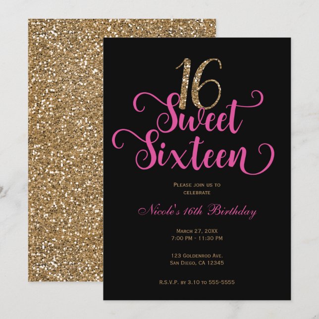 Invitación Cumpleaños negro rosa fuerte dorado brillo Sweet 1 (Anverso / Reverso)