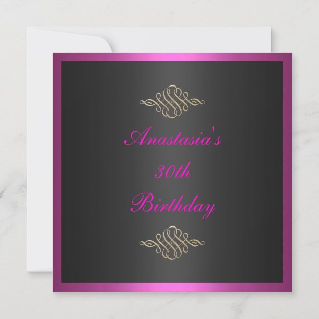 Invitación Cumpleaños Negro Rosa y Borde Dorado (Anverso)